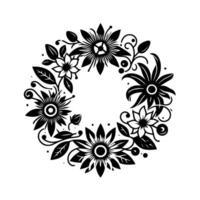Elegant Black and White Floral Wreath A symmetrical of stylized flowers, leaves, and buds arranged in a circular pattern. vector