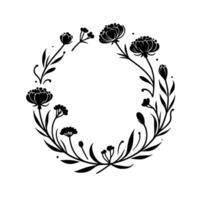 Elegant black and white floral wreath with various flower types, leaves, and delicate stems arranged in a circular form on a white background. vector