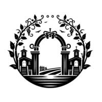 Black and White Illustration of a Scenic Church View Through an Arch, Framed by Grapevines and Surrounded by a Circular Border vector