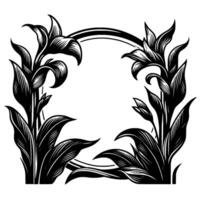 Intricate Black and White Floral Frame Composition Featuring Lilies and Leaves Embracing a Central Circular Void vector