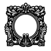 Intricate Black and White Ornamented Frame with Stylish Shoes at the Base, Circular Center Design. vector