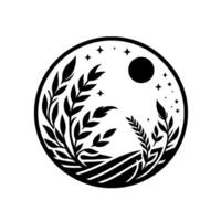 Circular black and white nature featuring leaves, field lines, moon, and stars, within a minimalist, artistic composition. vector
