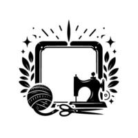 Stylized Black and White Emblem with Sewing Machine, Yarn, Scissors, and Decorative Elements Enclosed within a Rectangular Frame. vector