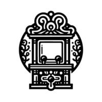 Ornate Black and White Icon Intricate symmetrical composition of a stylized shrine or decorative structure, within a circular frame. vector