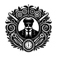 A Steampunk Portrait A man in a hat and suit, adorned with gears, tools, and a pocket watch, forming an ornate black and white emblem. vector