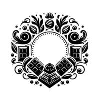 Ornate Black White Circular Illustration with Foliage, Windows, and Geometric Elements Surrounding a Central Blank Circle. vector