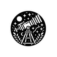 Black and white circular of a telescope, moon, stars, crescent, and foliage, evoking a sense of celestial exploration and discovery. vector