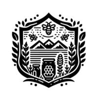 Monochrome emblem design, honey farm, bees, mountain range, jars of honey, natural ingredients, and leaf garland in a shield shape. vector