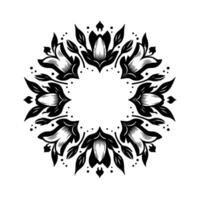 Elegant black and white floral mandala featuring stylized flower and leaf patterns arranged in a symmetrical circular composition with an open center. vector