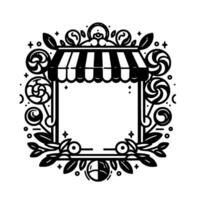 Detailed Black and White Illustration of a Candy Shop Frame with Lollipops, Leaves, and Canopy, perfect for Design. vector