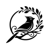 Elegant Black and White Silhouette of a Bird Perched on a Branch Within a Decorative Circular Frame, Surrounded by Leaves. vector