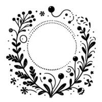 Delicate black and white floral wreath with round dotted border and various leafberry patterns, creating a natural, elegant frame for text or designs. vector