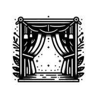 Stylized Black and White Window with Curtains, Dotted Scene and Foliage Border in Neotraditional Tattoo Style. vector