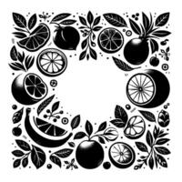 Monochrome Fruit and Foliage Border A Decorative Square Composition Featuring Citrus, Banana, and Berries Around an Empty Center. vector