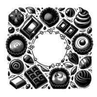 Intricate black and white illustration showcasing various chocolate confections arranged around an empty circle, with leaf and floral embellishments. vector