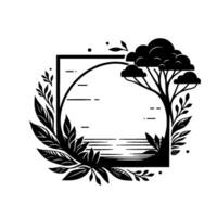 Minimalist Black and White Nature Scene Inside a Square and Circle Frame. Featuring a Silhouette Tree, Plants, Clouds, and a River. vector