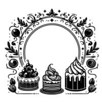 Black and White BakeryThemed Illustration with Cakes, Ornate Circular Frame, and Decorative Floral Elements. vector