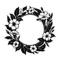 A delicate black and white floral wreath encircling a blank space, featuring stylized blossoms, leaves, and buds, perfect for adding text or elements. vector