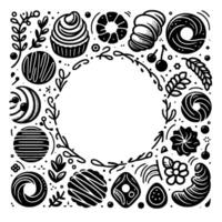 Whimsical Monochrome Frame Baked Delights and Foliage Bordering a Blank Circle, Perfect for Invitations Design. vector