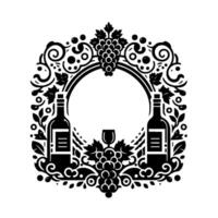 Elegant Black White WineThemed Crest featuring Bottles, Grapes, and a Glass within a Decorative Circular Frame. vector