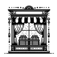 Detailed, black and white illustration of a storefront with a striped awning, curtains, and stacks of objects, reminiscent of a vintage tattoo design. vector