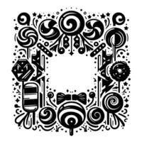 Whimsical Black and White Square Frame Border with Assorted Lollipops, Stars, and Bows for Decorative Design. vector