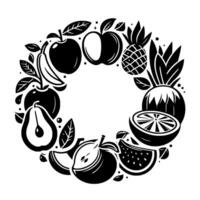 Black and white illustrative fruit wreath Apples, pears, pineapples, bananas, watermelon, and orange slices arranged in a circular pattern with leaves. vector