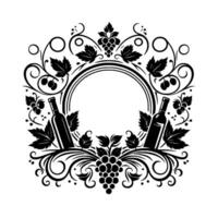 Elegant Black and White Wine Crest A Circular Frame with Grapes, Leaves, and Wine Bottles, Ideal for Labels and Logos. vector