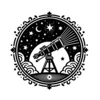 Intricate black and white circular emblem featuring a telescope gazing at a starfilled night sky with crescent moon, bordered by stylized clouds and ornate flourishes. vector