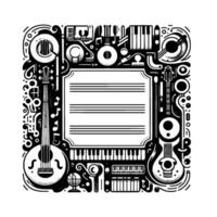 Intricate monochrome illustration of musical instruments surrounding a blank music sheet, in a symmetrical, ornamental style. vector
