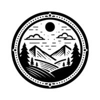Black and white minimalist emblem of mountainous landscape with trees, clouds, and sun in a decorative circular border. vector