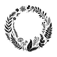 Elegant black and white botanical wreath design, showcasing diverse floral and leaf elements arranged in a circular form. vector