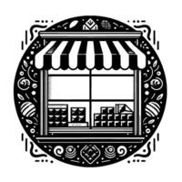 Monochromatic stylized illustration of a shop window with awning, displays inside, surrounded by ornate decorative border elements. vector