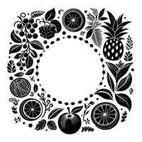 Intricate Black and White Floral Fruit Border Decorative Square Frame, Circular Center, Ornate Botanical Design. vector