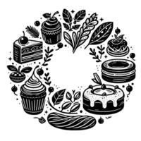 Black and White Circle Composition Assorted Desserts and Foliage Arranged in a Circular Pattern, Minimalist Style. vector