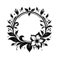 Elegant black and white floral wreath with leaves and stylized flower elements, ideal for invitation borders or decorative frames on white background. vector