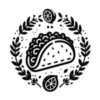 Black and White Taco with Lemon Accents in Laurel Wreath, Minimalist vector