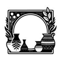 Black and white minimalist design, featuring stylized potted plants, framed by a decorative border with a central open arch, evoking a calm and artistic aesthetic. vector