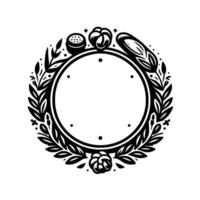 Elegant Monochrome Wreath Illustration Featuring a Central Empty Circle, Surrounding Floral Elements, and Culinary Illustrations with a Decorative Border. vector