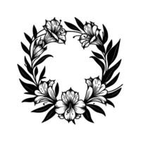 Intricate Black and White Floral Wreath with Delicate Alstroemeria and Lush Leafy Branches, Centered on a White Background. vector