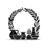 A minimalist black and white botanical illustration featuring pottery and a leaf wreath, perfect for elements or use. vector