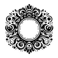Intricate black and white circular decorative with a central blank circle, ornate floral and abstract elements. vector