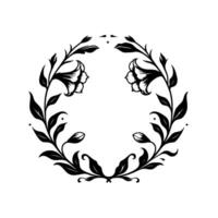 Elegant Black and White Floral Wreath, featuring stylized lilies and leaves arranged in a circular, symmetrical design, perfect for design. vector
