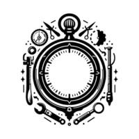 Stylized illustration of pocket watch surrounded by tools, gears, and scissors, evoking timekeeping and craftsmanship. vector