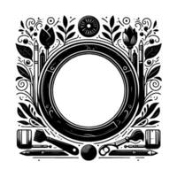 Artistic Frame Design Black and White, Decorative, Square Composition with Floral, Brush, and Painting Elements Surrounding a Central Circular Opening. vector