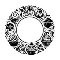 Whimsical Black and White Circular with Cupcakes, Floral and Ornamental Embellishments, Serving as a Decorative Frame. vector