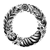 Decorative blackandwhite circular floral wreath with bakery elements, including croissant and bun, on a clean white background. vector