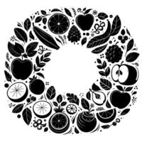 Black and White Fruit Wreath with Detailed Illustrations of Apples, Citrus, Grapes, and Leaves, Forming a Circular Pattern. vector