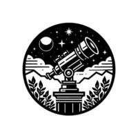 A minimalist black and white featuring a telescope pointing towards a starry sky within a circular frame, symbolizing astronomical observation. vector