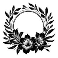 Elegant black and white floral wreath with intricate flower and leaf detailing, encircling a blank circular space, ideal for decorative elements. vector